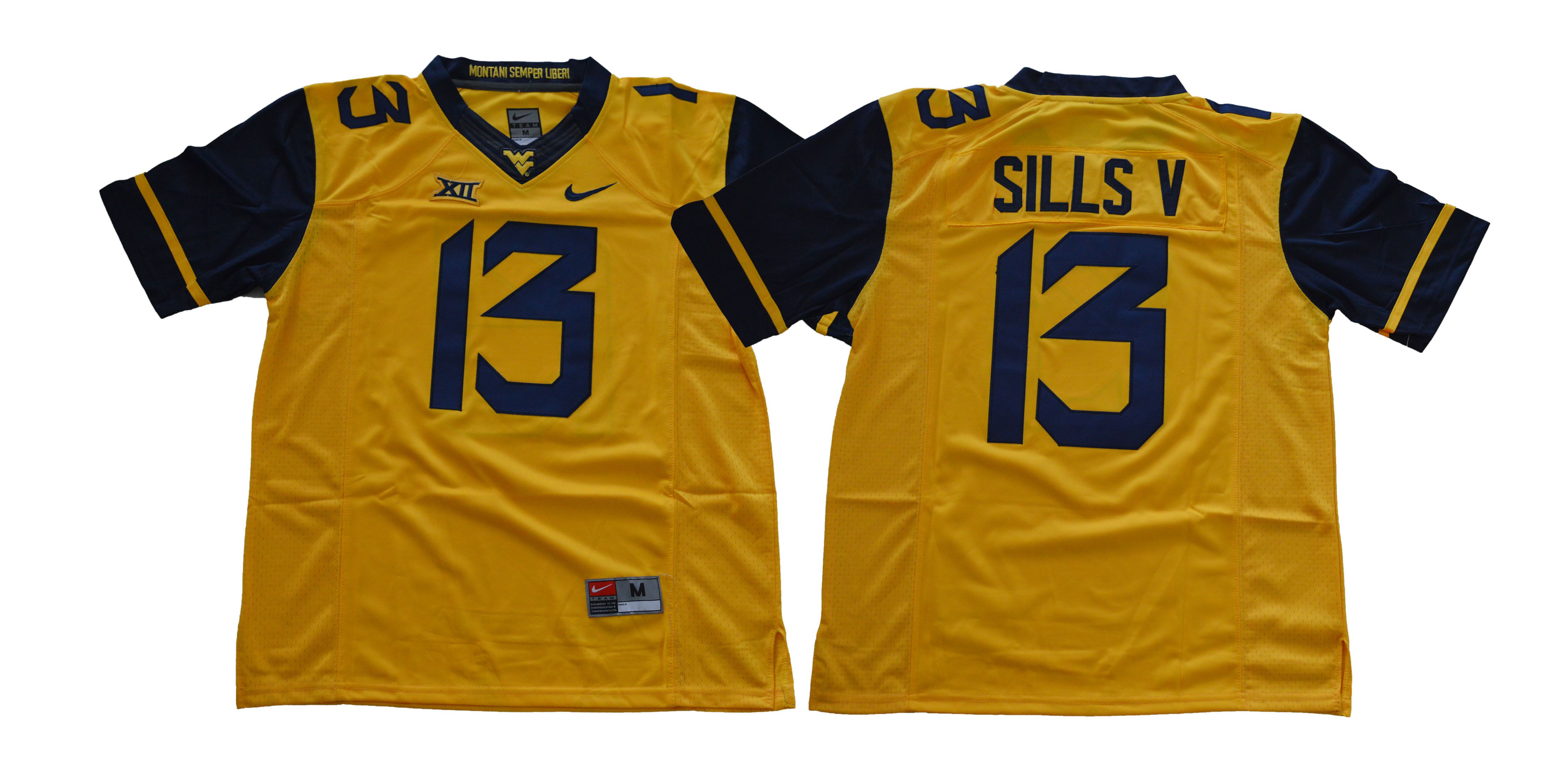 Men West Virginia Mountaineers #13 Sills v Yellow NCAA Jerseys